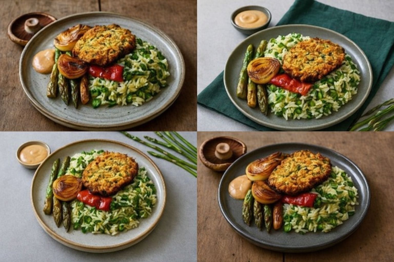 Fyrdelad bild med glutenfria rätter: färgglada måltider med grönsaker och pajer.